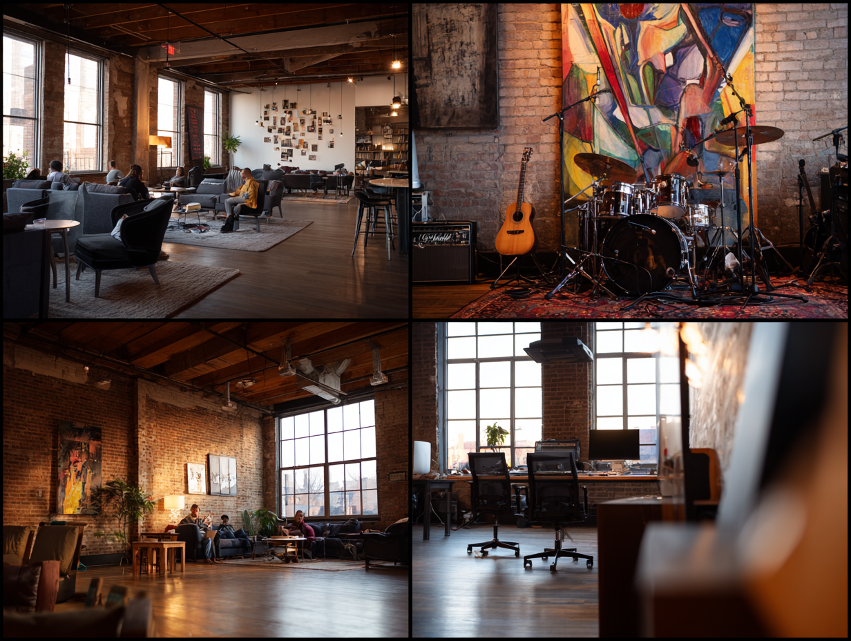 Collage of industries served in Bushwick: loft apartment interior, trendy restaurant with customers, music recording studio, modern co-working office
